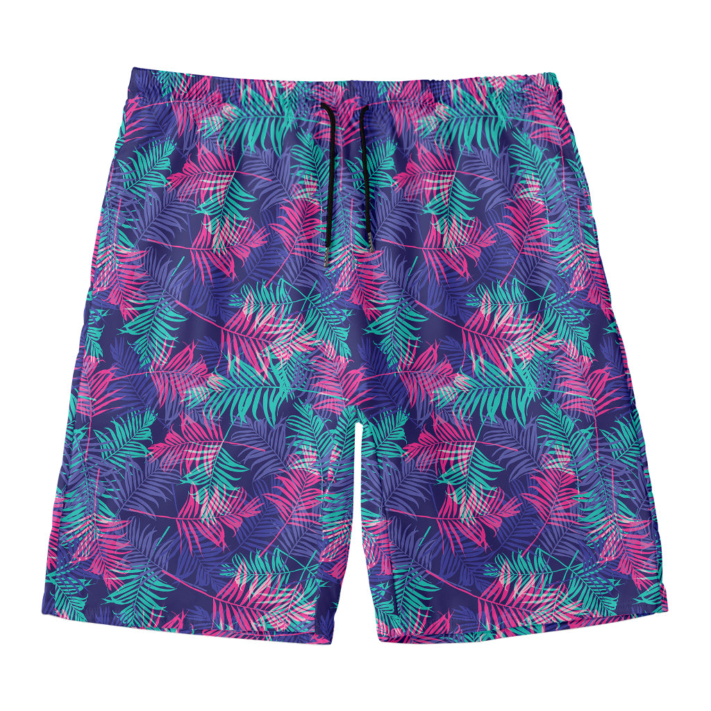 Pink And Blue Tropical Palm Leaf Print Men's Swim Trunks