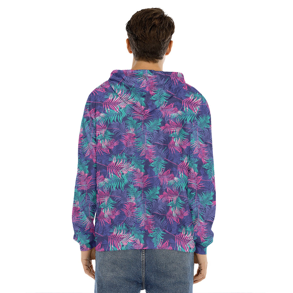 Pink And Blue Tropical Palm Leaf Print Men's Velvet Pullover Hoodie