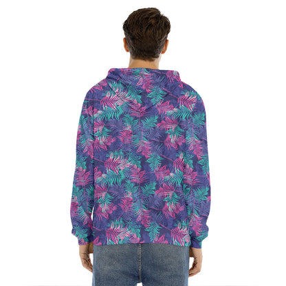 Pink And Blue Tropical Palm Leaf Print Men's Velvet Pullover Hoodie