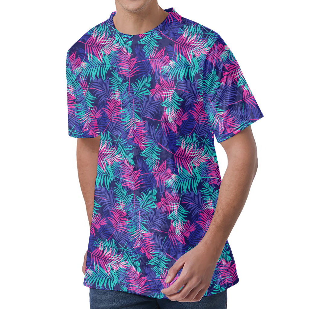 Pink And Blue Tropical Palm Leaf Print Men's Velvet T-Shirt