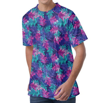 Pink And Blue Tropical Palm Leaf Print Men's Velvet T-Shirt