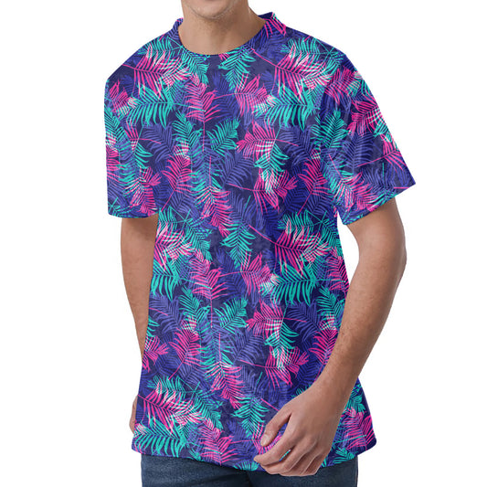 Pink And Blue Tropical Palm Leaf Print Men's Velvet T-Shirt