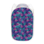 Pink And Blue Tropical Palm Leaf Print Mesh Laundry Hamper
