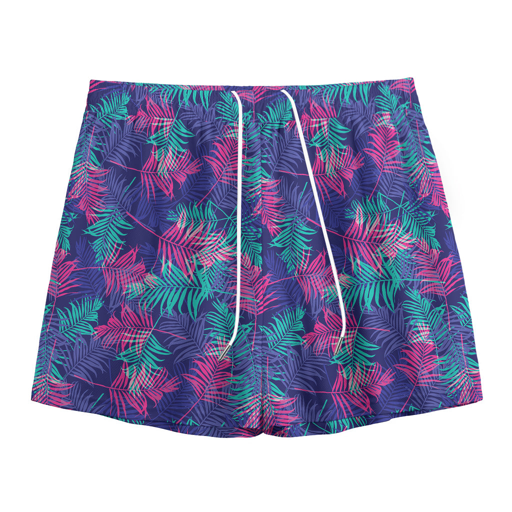 Pink And Blue Tropical Palm Leaf Print Mesh Shorts