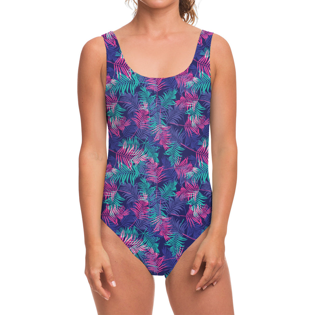 Pink And Blue Tropical Palm Leaf Print One Piece Swimsuit