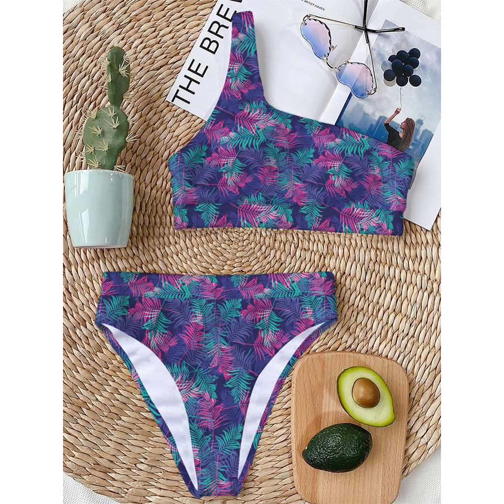 Pink And Blue Tropical Palm Leaf Print One Shoulder Bikini Top