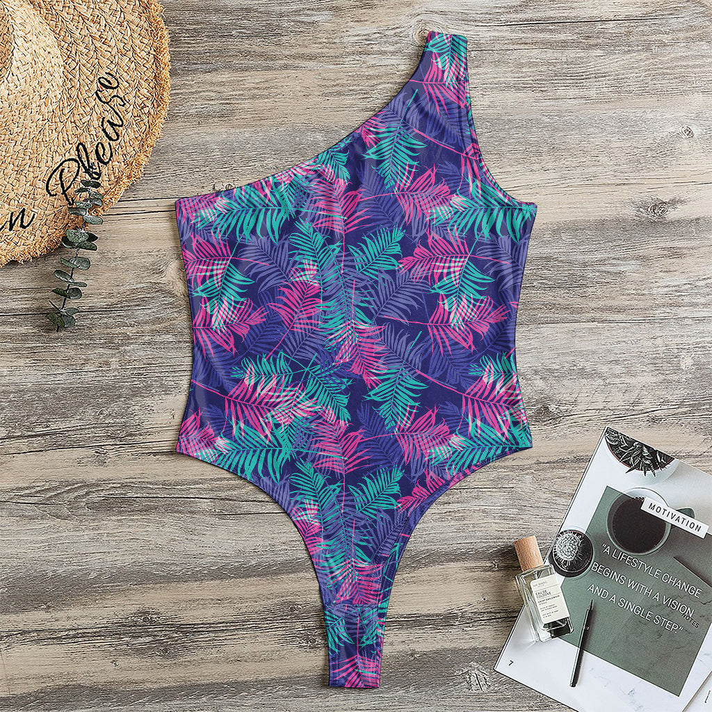 Pink And Blue Tropical Palm Leaf Print One Shoulder Bodysuit