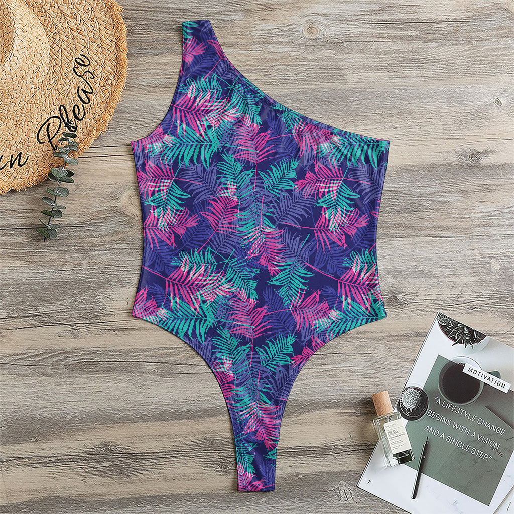 Pink And Blue Tropical Palm Leaf Print One Shoulder Bodysuit