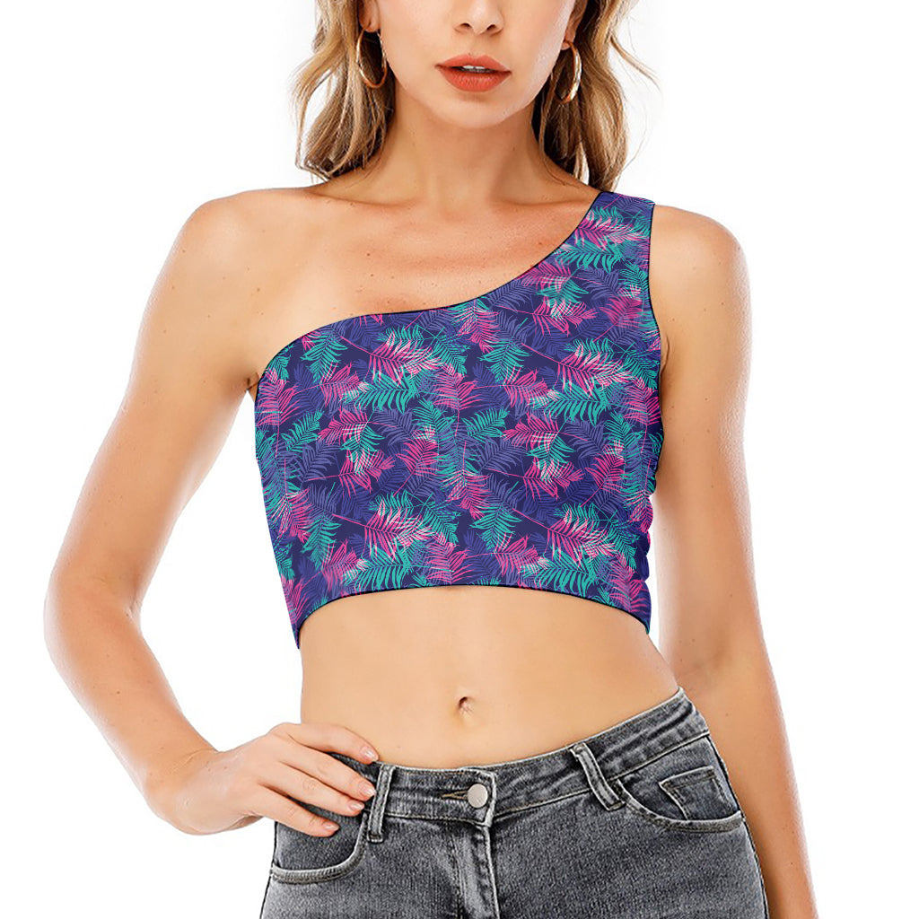 Pink And Blue Tropical Palm Leaf Print One Shoulder Crop Top