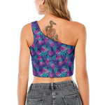 Pink And Blue Tropical Palm Leaf Print One Shoulder Crop Top