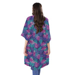 Pink And Blue Tropical Palm Leaf Print Open Front Beach Cover Up