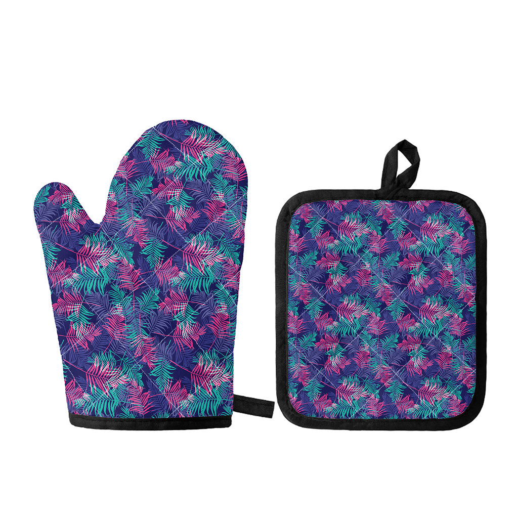 Pink And Blue Tropical Palm Leaf Print Oven Mitt And Pot Holder Set