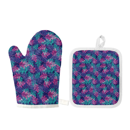 Pink And Blue Tropical Palm Leaf Print Oven Mitt And Pot Holder Set