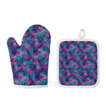 Pink And Blue Tropical Palm Leaf Print Oven Mitt And Pot Holder Set