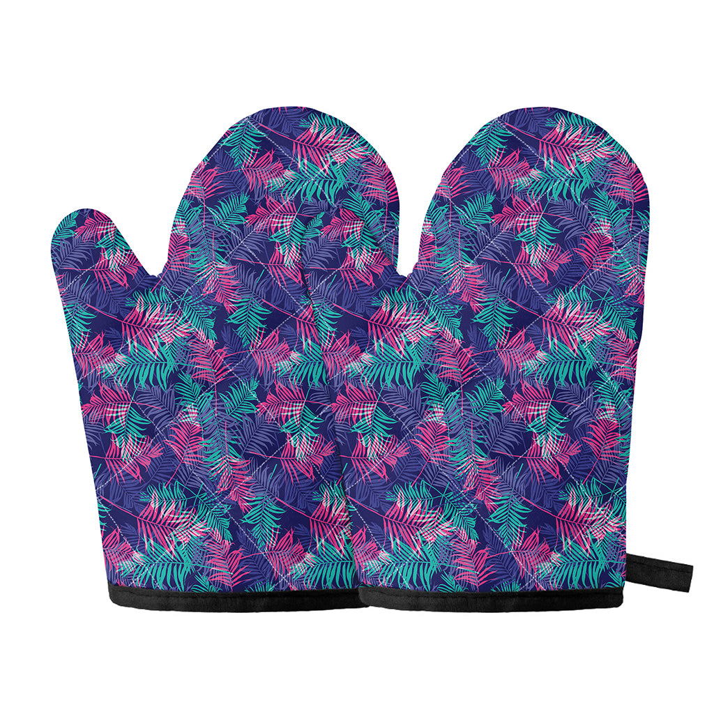 Pink And Blue Tropical Palm Leaf Print Oven Mitts
