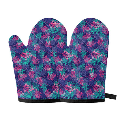Pink And Blue Tropical Palm Leaf Print Oven Mitts