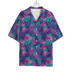 Pink And Blue Tropical Palm Leaf Print Rayon Hawaiian Shirt