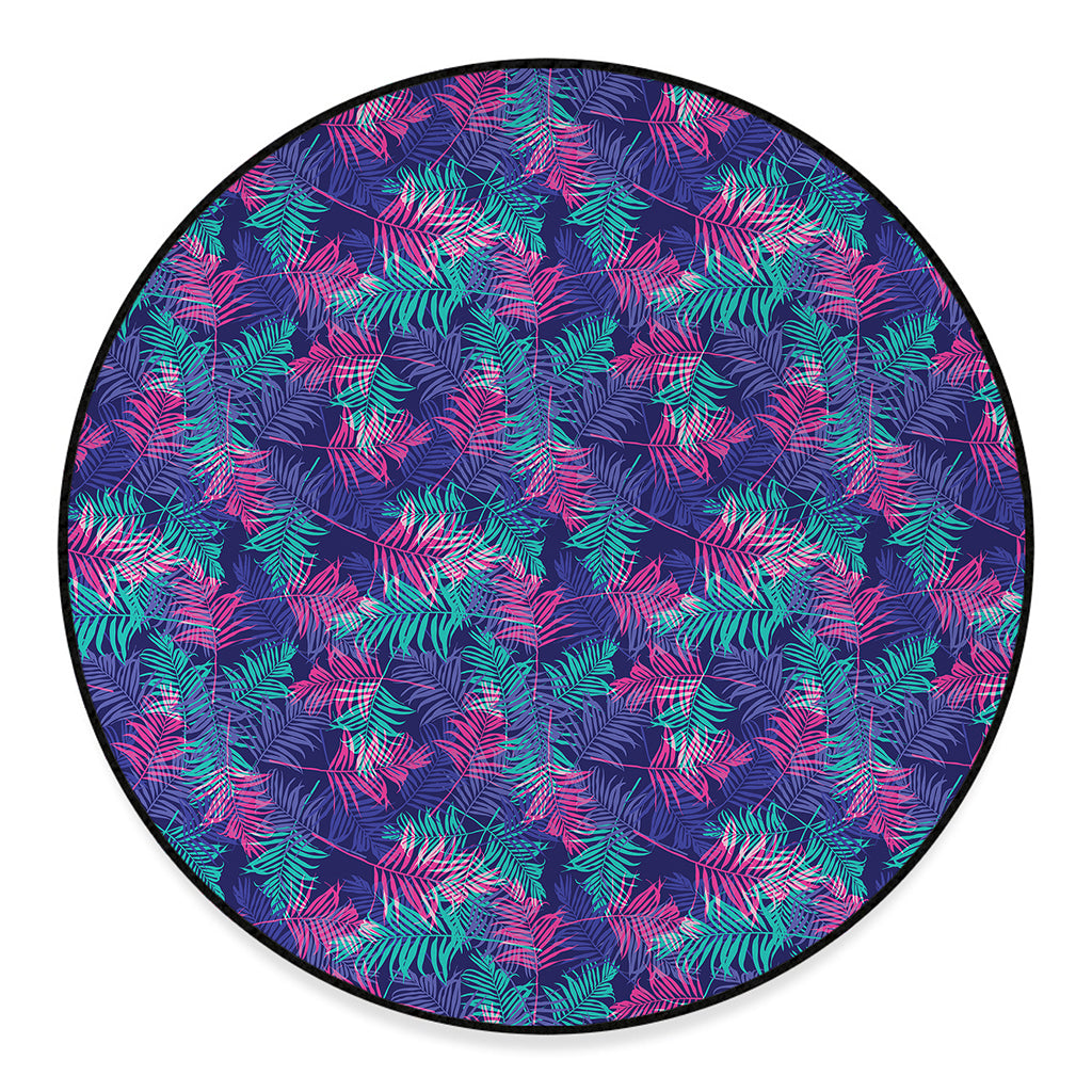 Pink And Blue Tropical Palm Leaf Print Round Floor Mat
