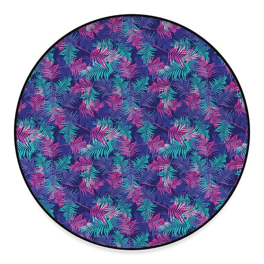 Pink And Blue Tropical Palm Leaf Print Round Floor Mat