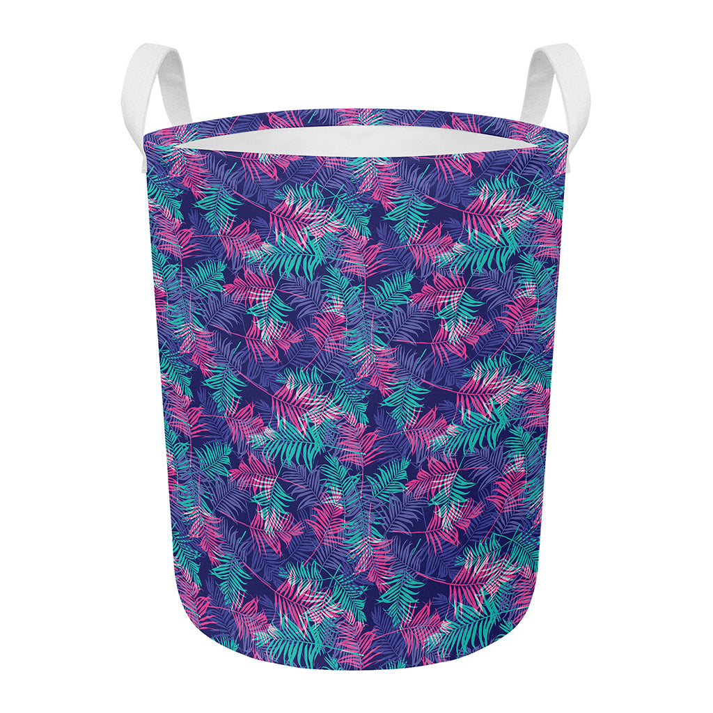 Pink And Blue Tropical Palm Leaf Print Round Laundry Basket
