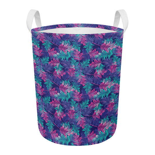 Pink And Blue Tropical Palm Leaf Print Round Laundry Basket