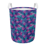 Pink And Blue Tropical Palm Leaf Print Round Laundry Basket