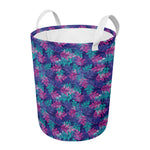 Pink And Blue Tropical Palm Leaf Print Round Laundry Basket