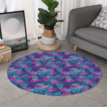 Pink And Blue Tropical Palm Leaf Print Round Rug
