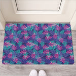 Pink And Blue Tropical Palm Leaf Print Rubber Doormat