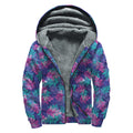 Pink And Blue Tropical Palm Leaf Print Sherpa Lined Zip Up Hoodie