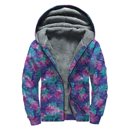 Pink And Blue Tropical Palm Leaf Print Sherpa Lined Zip Up Hoodie