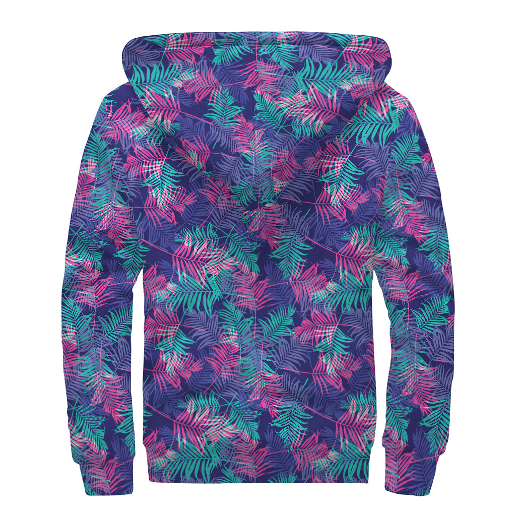 Pink And Blue Tropical Palm Leaf Print Sherpa Lined Zip Up Hoodie