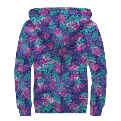 Pink And Blue Tropical Palm Leaf Print Sherpa Lined Zip Up Hoodie