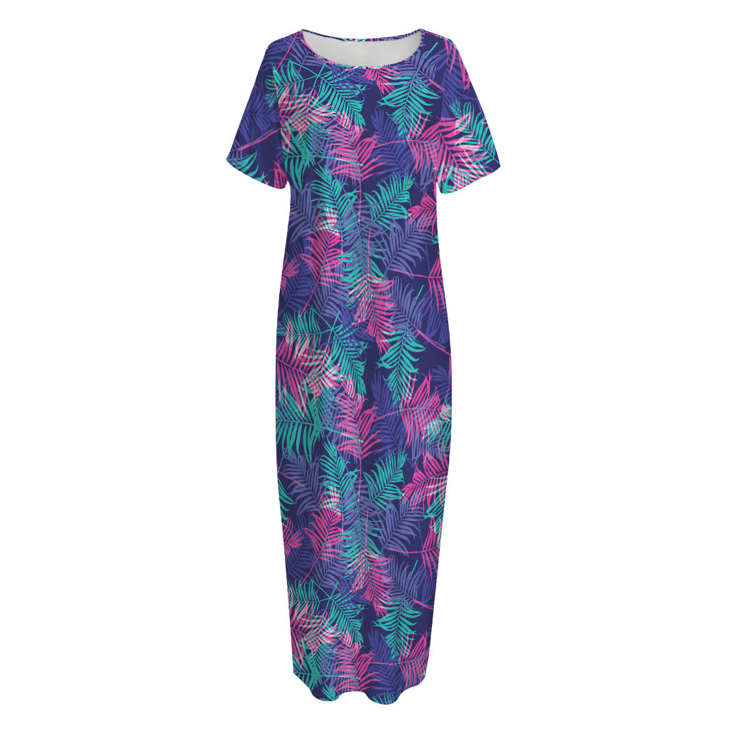 Pink And Blue Tropical Palm Leaf Print Short Sleeve Long Nightdress