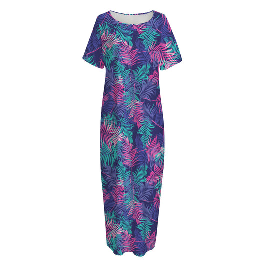 Pink And Blue Tropical Palm Leaf Print Short Sleeve Long Nightdress