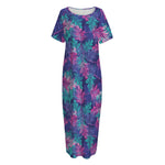Pink And Blue Tropical Palm Leaf Print Short Sleeve Long Nightdress