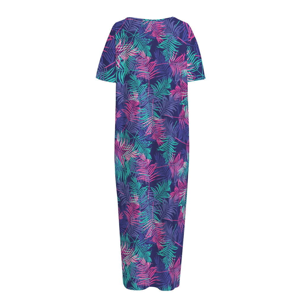 Pink And Blue Tropical Palm Leaf Print Short Sleeve Long Nightdress
