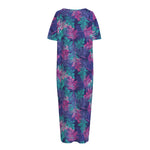 Pink And Blue Tropical Palm Leaf Print Short Sleeve Long Nightdress