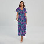 Pink And Blue Tropical Palm Leaf Print Short Sleeve Maxi Dress