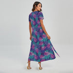 Pink And Blue Tropical Palm Leaf Print Short Sleeve Maxi Dress