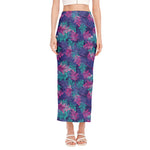 Pink And Blue Tropical Palm Leaf Print Side Slit Maxi Skirt