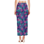 Pink And Blue Tropical Palm Leaf Print Side Slit Maxi Skirt