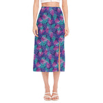 Pink And Blue Tropical Palm Leaf Print Side Slit Midi Skirt