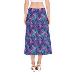 Pink And Blue Tropical Palm Leaf Print Side Slit Midi Skirt