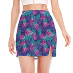 Pink And Blue Tropical Palm Leaf Print Side Slit Mini Skirt