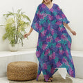 Pink And Blue Tropical Palm Leaf Print Silk V-Neck Kaftan Dress
