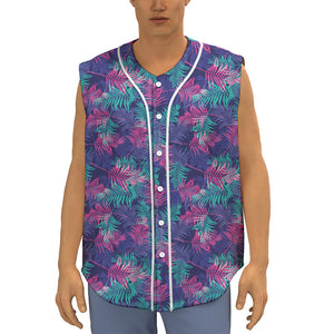 Pink And Blue Tropical Palm Leaf Print Sleeveless Baseball Jersey