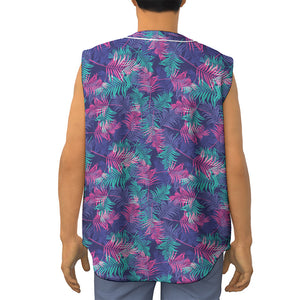 Pink And Blue Tropical Palm Leaf Print Sleeveless Baseball Jersey