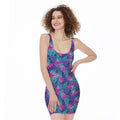 Pink And Blue Tropical Palm Leaf Print Sleeveless Bodycon Dress