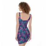 Pink And Blue Tropical Palm Leaf Print Sleeveless Bodycon Dress